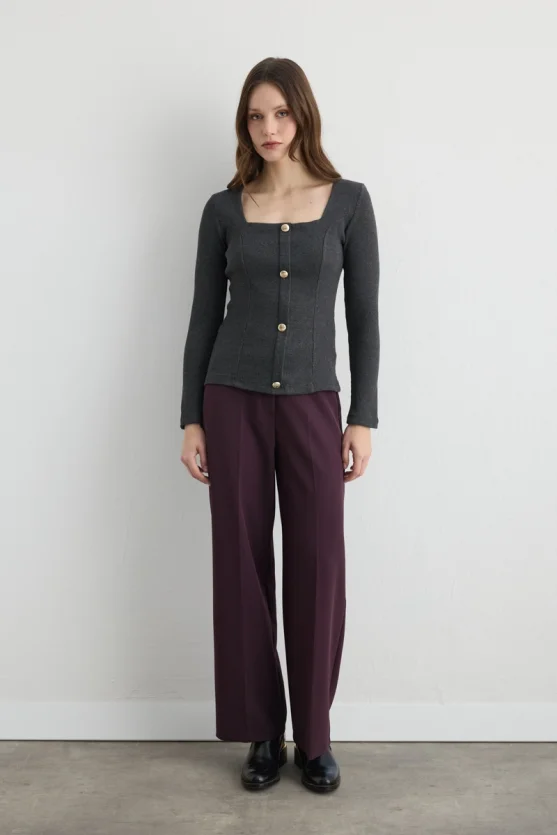 Square Neck Cotton Knit Blouse Anthracite - 2