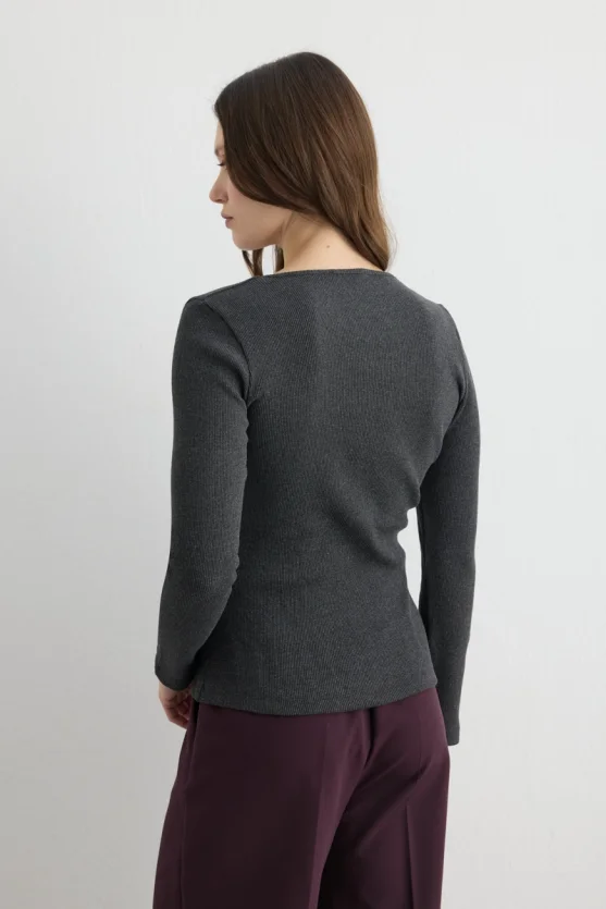 Square Neck Cotton Knit Blouse Anthracite - 5