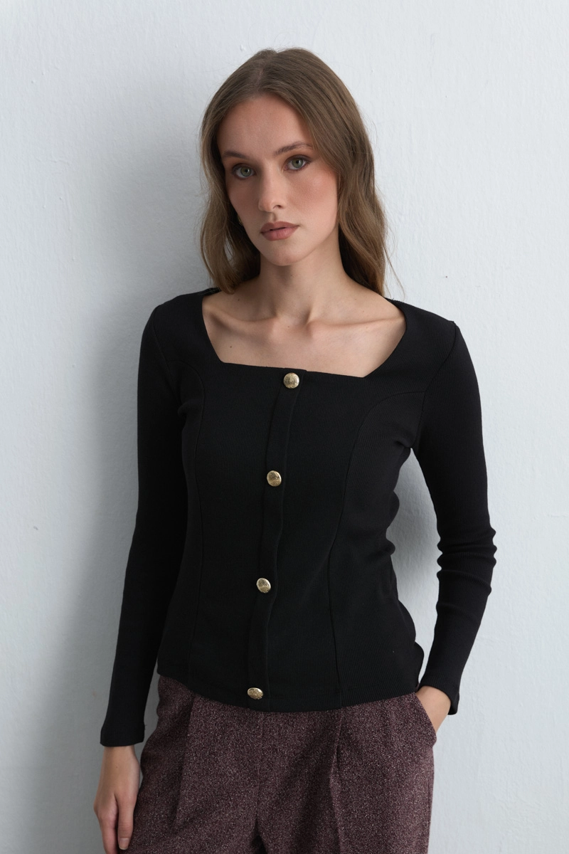 Square Neck Cotton Knit Blouse - Black