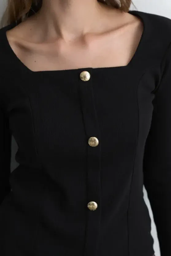 Square Neck Cotton Knit Blouse - Black - Gusto