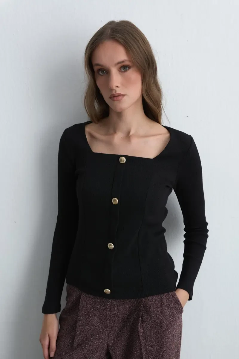Square Neck Cotton Knit Blouse - Black - 1