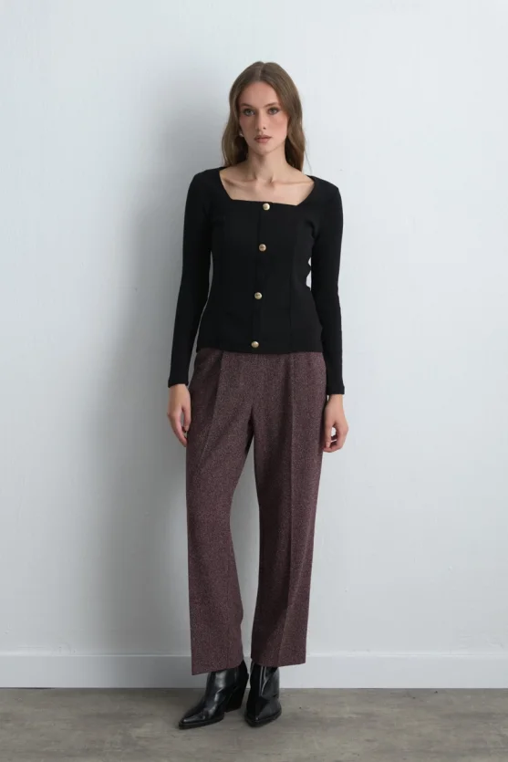 Square Neck Cotton Knit Blouse Black - 2