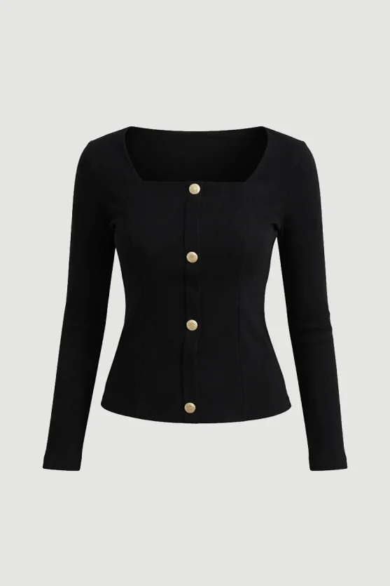 Square Neck Cotton Knit Blouse Black - Gusto