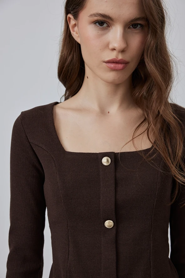 Square Neck Cotton Knit Blouse - Brown - 3