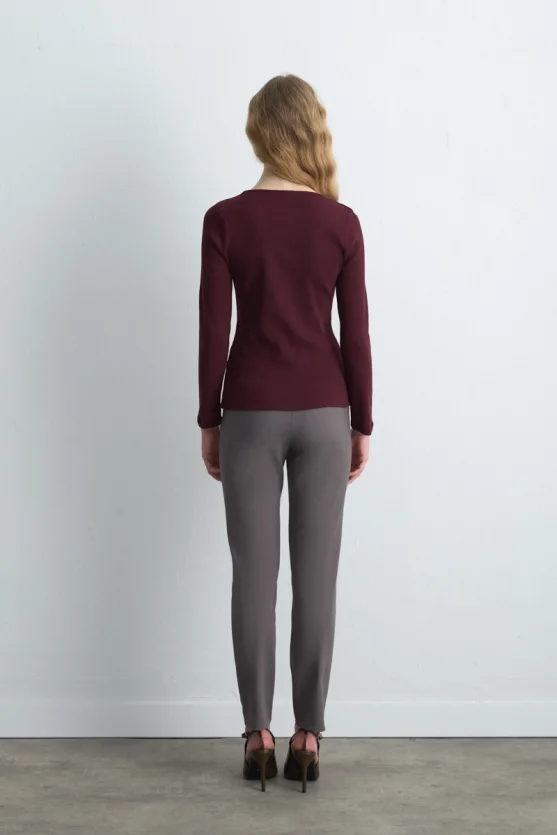 Square Neck Cotton Knit Blouse - Burgundy - 4