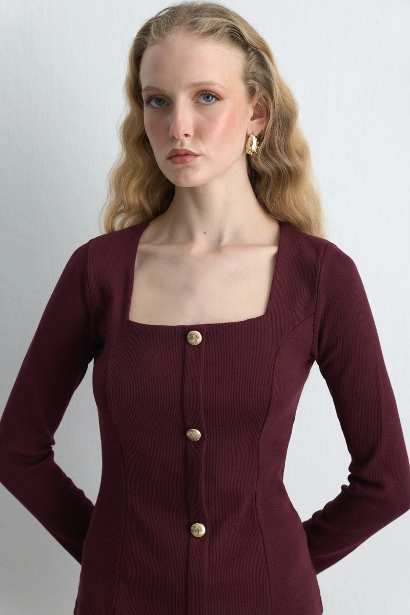 Square Neck Cotton Knit Blouse - Burgundy - Gusto