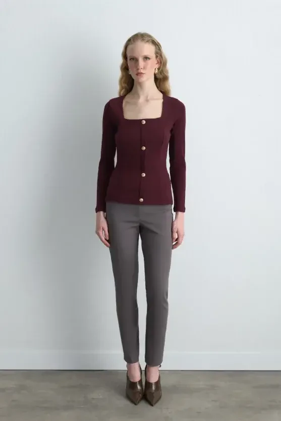 Square Neck Cotton Knit Blouse - Burgundy - Gusto