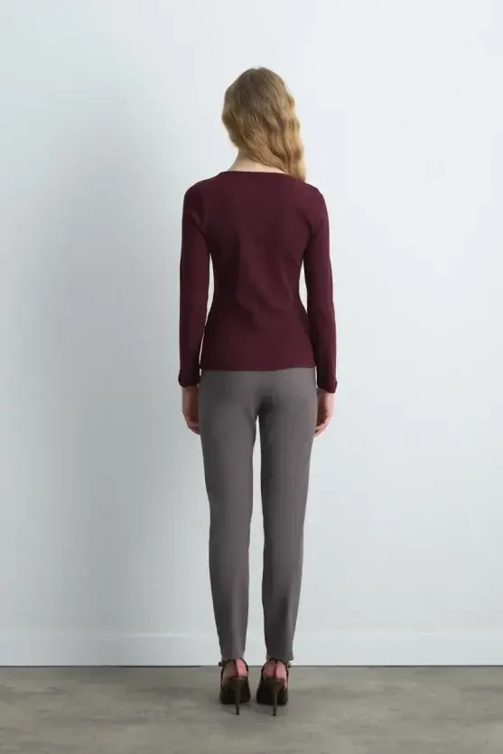 Square Neck Cotton Knit Blouse - Burgundy - 4