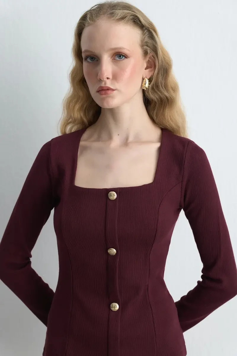 Square Neck Cotton Knit Blouse - Burgundy - Gusto