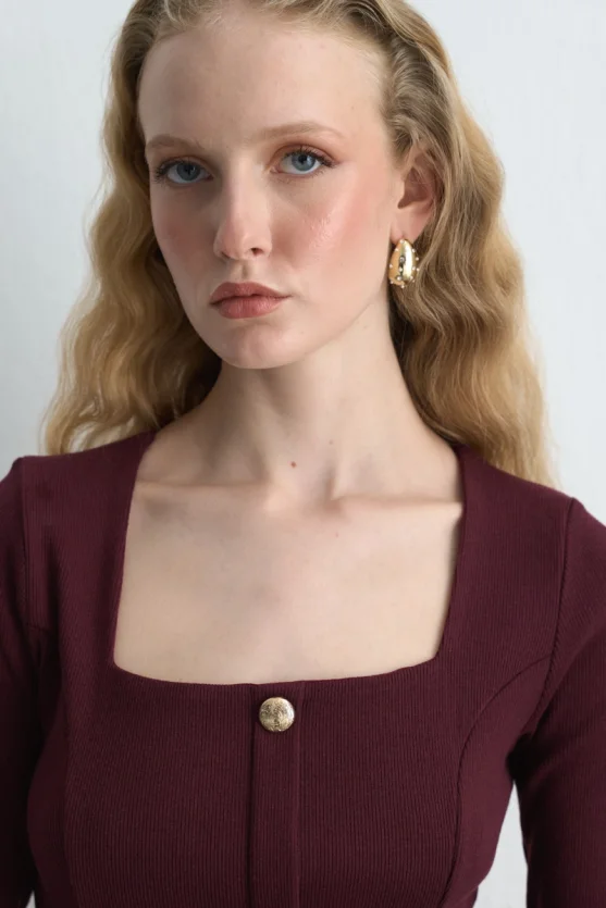 Square Neck Cotton Knit Blouse Burgundy - 3