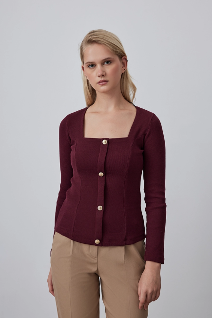 Square Neck Cotton Knit Blouse - Burgundy Burgundy