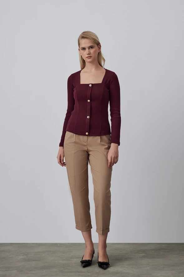 Square Neck Cotton Knit Blouse - Burgundy - 2