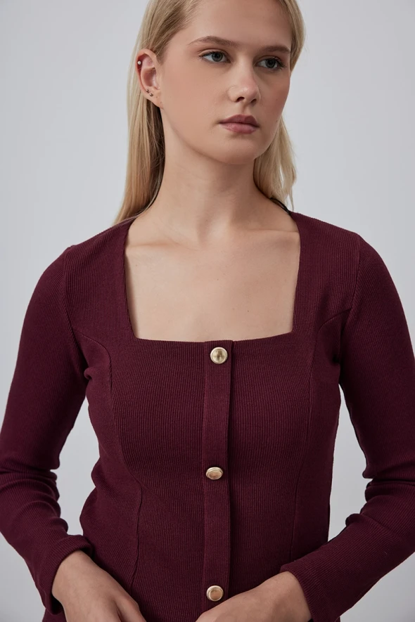 Square Neck Cotton Knit Blouse - Burgundy - 3