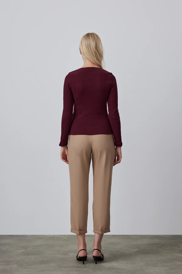 Square Neck Cotton Knit Blouse - Burgundy - 4