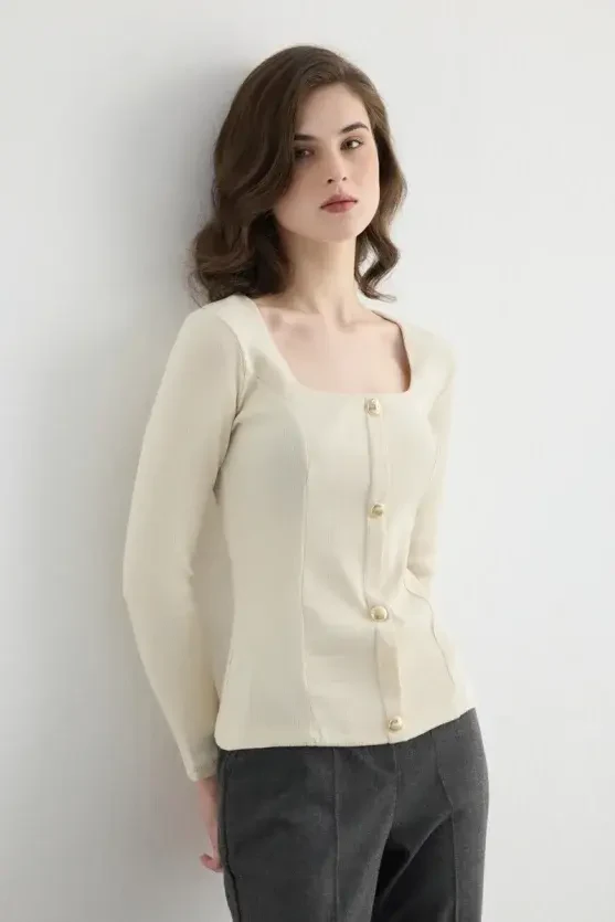 Square Neck Cotton Knit Blouse - Ecru - Gusto
