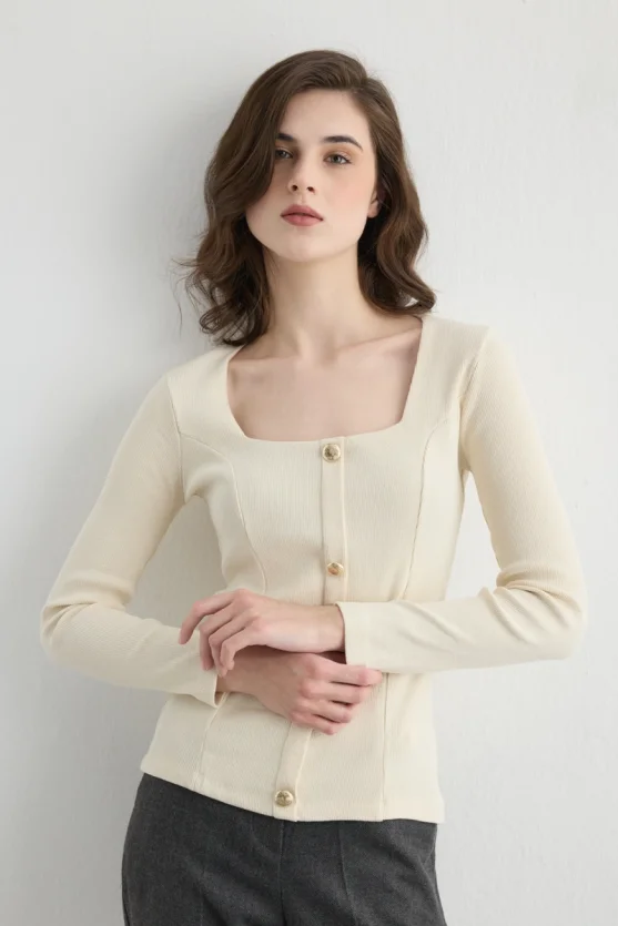 Square Neck Cotton Knit Blouse Ecru - 4