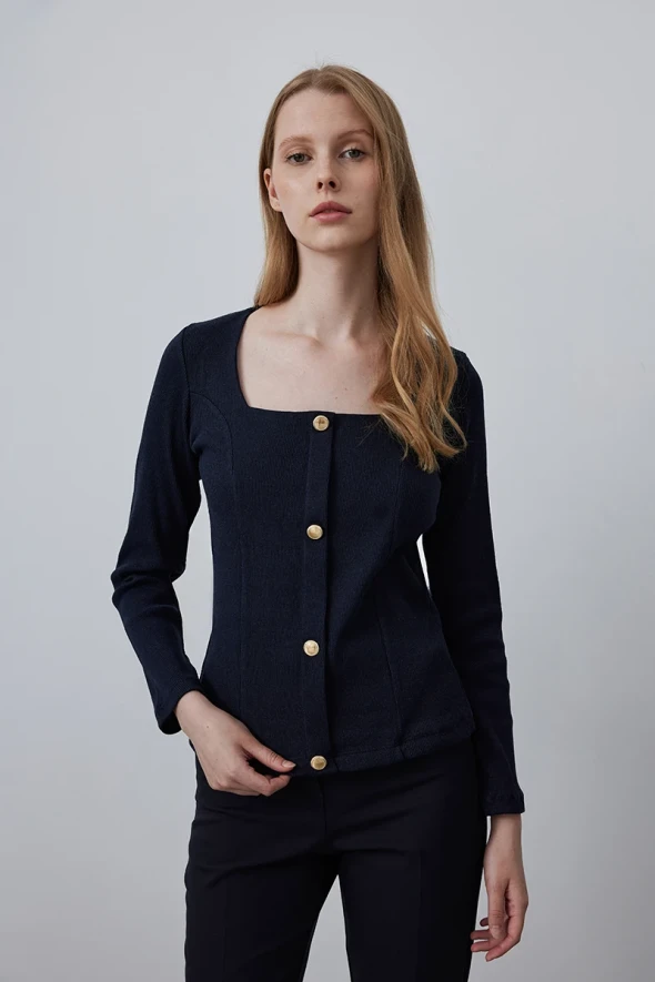 Square Neck Cotton Knit Blouse - Navy - 2