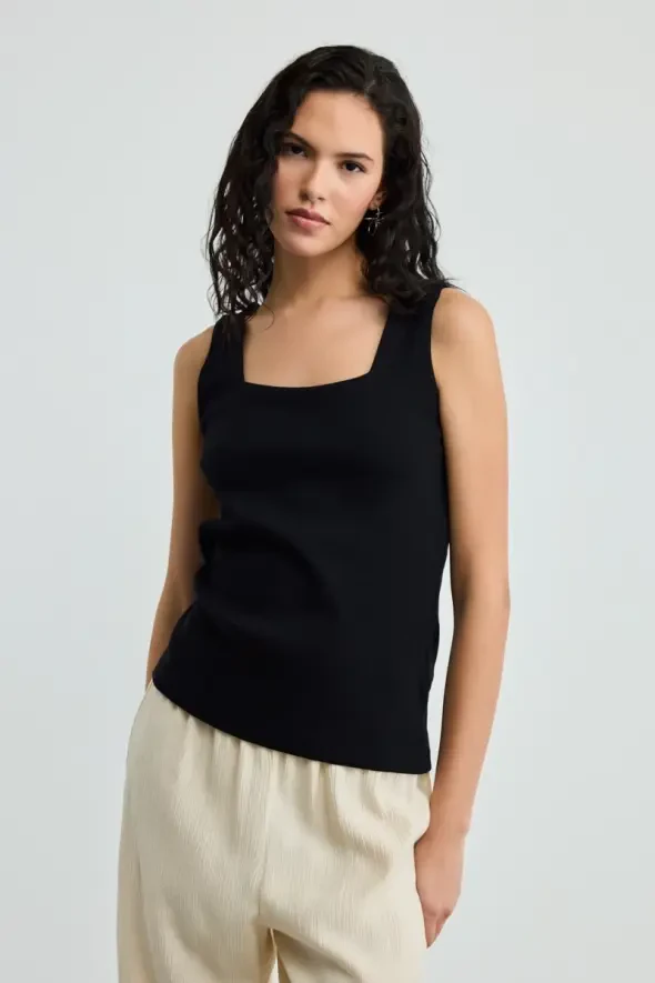 Square Neck Cotton Ribbed Tank Top - Black - 1