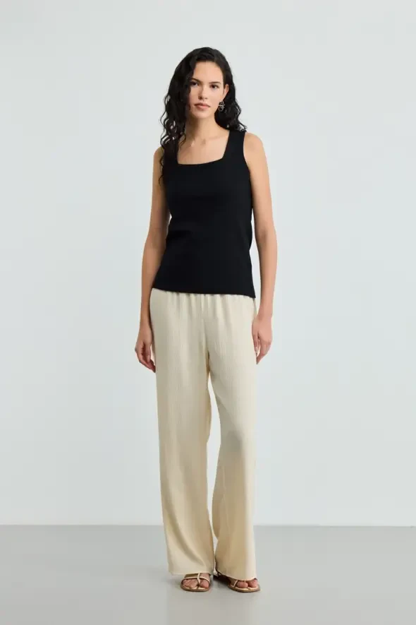 Square Neck Cotton Ribbed Tank Top - Black - 2