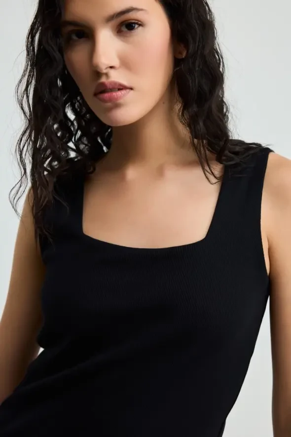 Square Neck Cotton Ribbed Tank Top - Black - 3