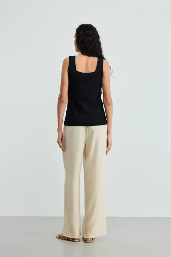 Square Neck Cotton Ribbed Tank Top - Black - 4