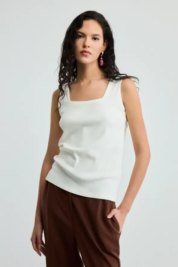 Square Neck Cotton Ribbed Tank Top - Ecru - 1