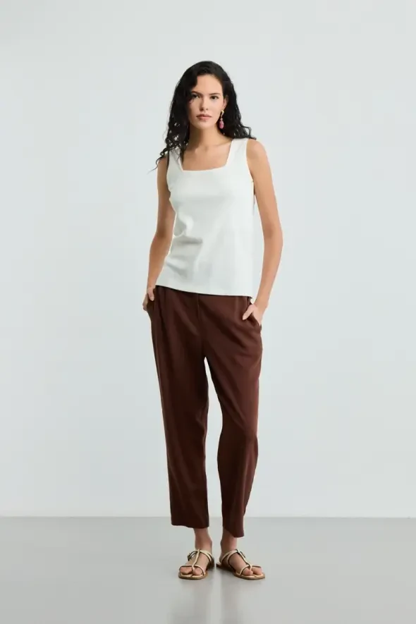 Square Neck Cotton Ribbed Tank Top - Ecru - 2