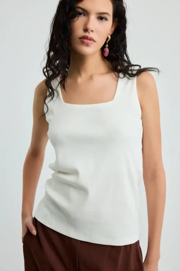 Square Neck Cotton Ribbed Tank Top - Ecru - 3