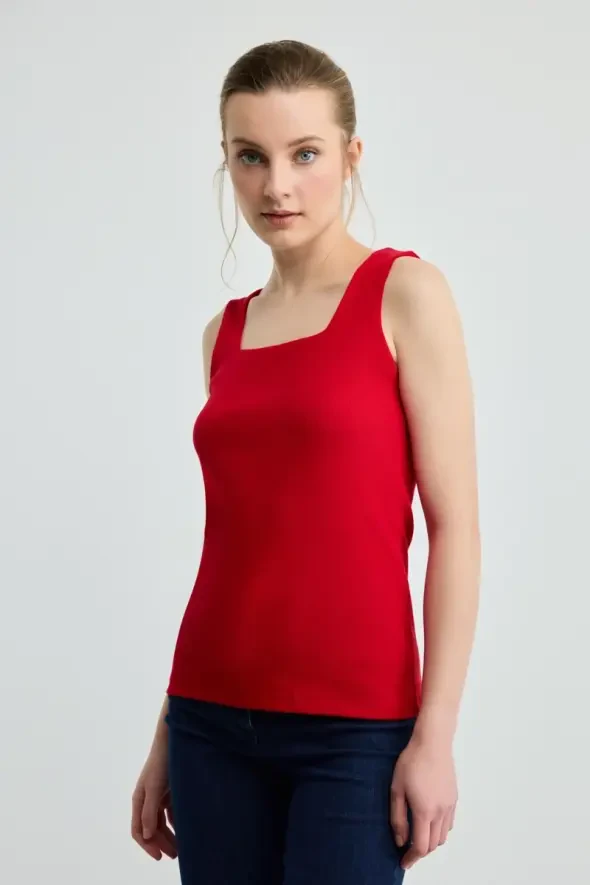 Square Neck Cotton Ribbed Tank Top - Red - 1