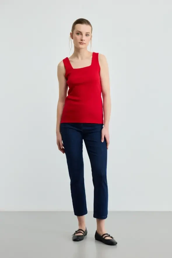 Square Neck Cotton Ribbed Tank Top - Red - 2