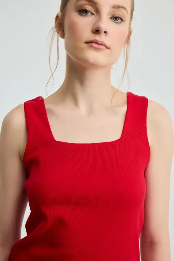 Square Neck Cotton Ribbed Tank Top - Red - 3