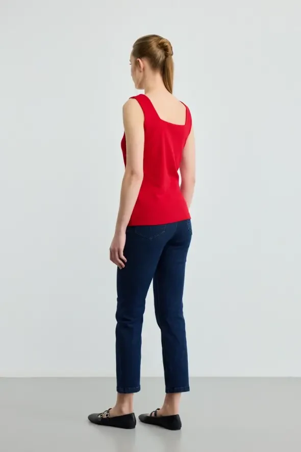 Square Neck Cotton Ribbed Tank Top - Red - 4