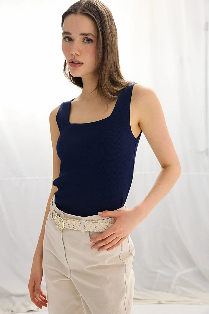 Square Neck Cotton Tank Top - Navy Blue