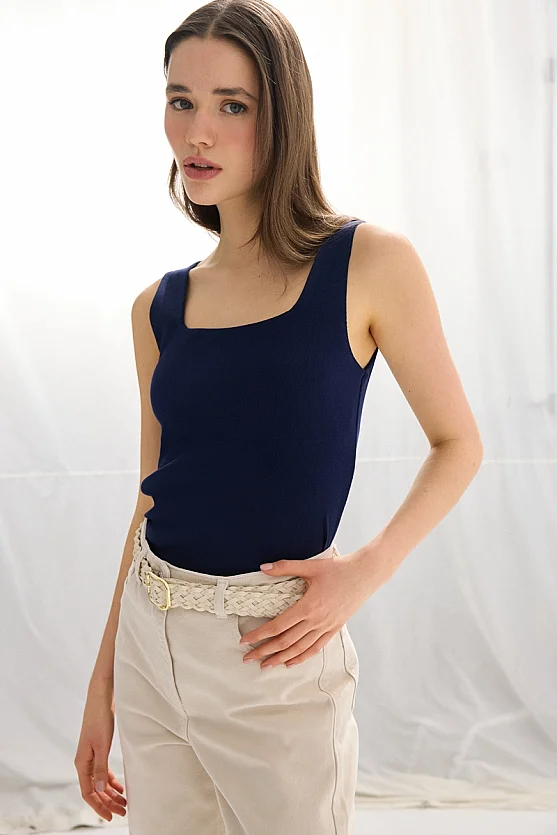 Square Neck Cotton Tank Top - Navy Blue - 1