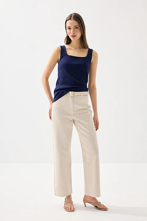 Square Neck Cotton Tank Top - Navy Blue - 2