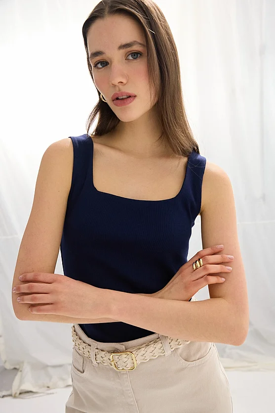 Square Neck Cotton Tank Top - Navy Blue - 3