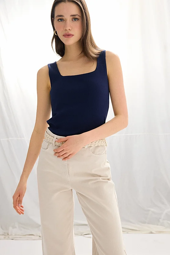 Square Neck Cotton Tank Top - Navy Blue - Gusto