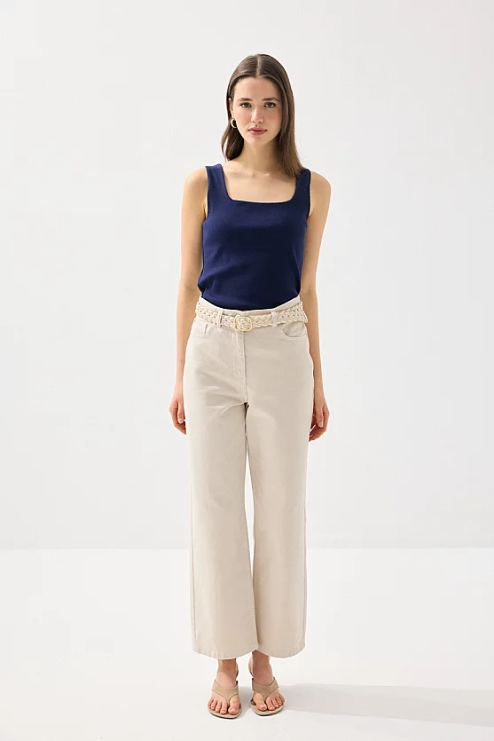 Square Neck Cotton Tank Top - Navy Blue - 5