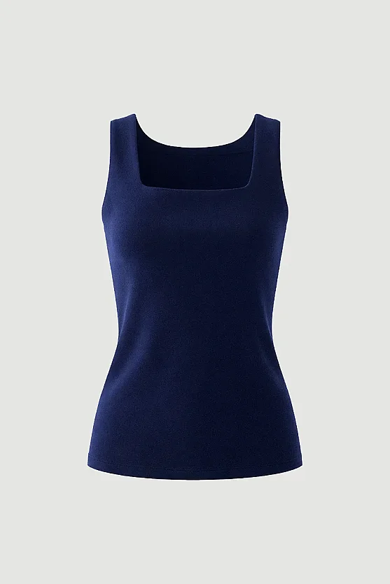 Square Neck Cotton Tank Top - Navy Blue - 8