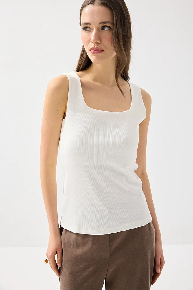 Square Neck Cotton Tank Top - White White
