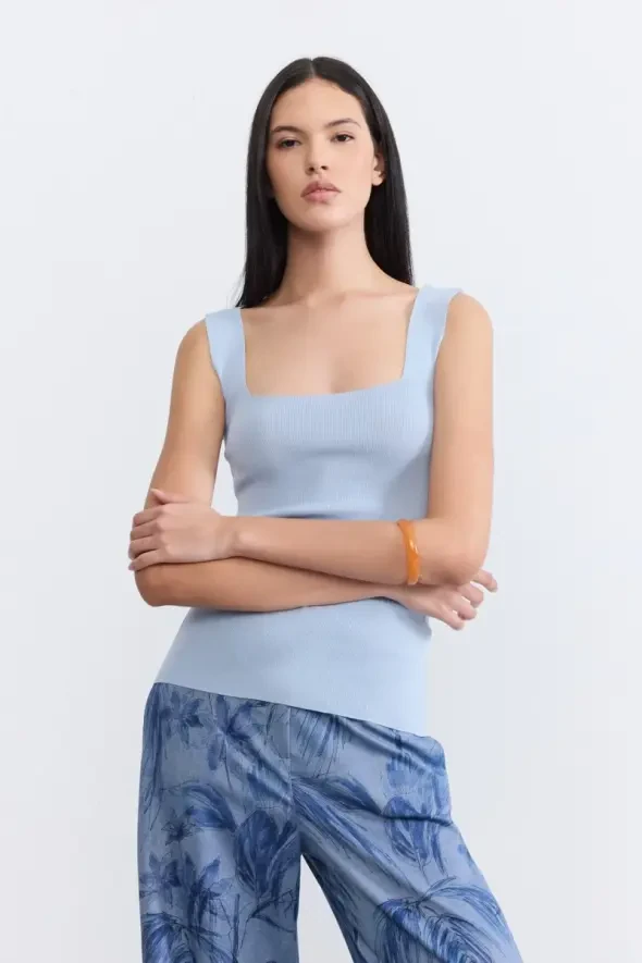 Square Neck Knit Tank Top - Blue - 1