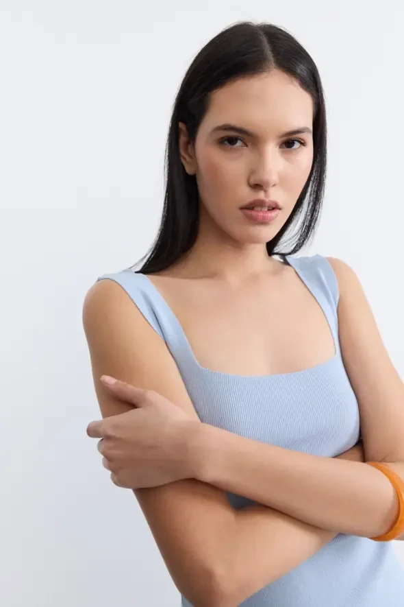 Square Neck Knit Tank Top - Blue - 3