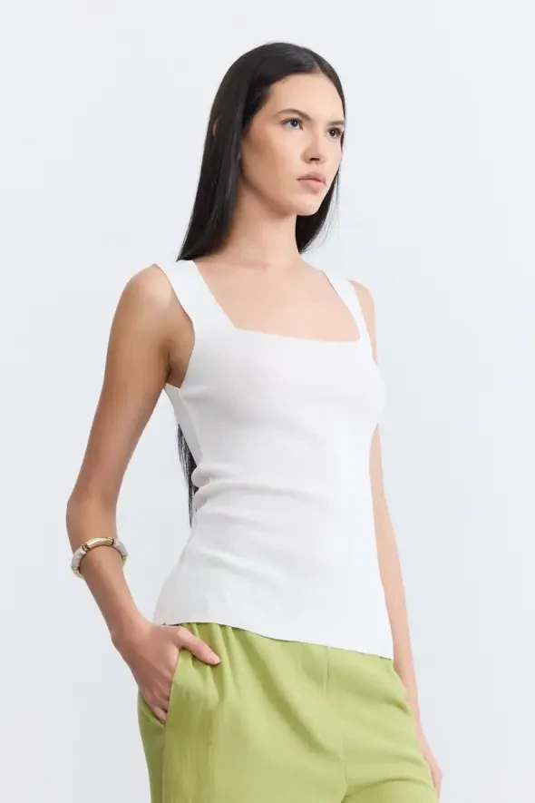 Square Neck Knit Tank Top - Ecru - 1