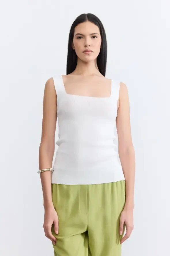 Square Neck Knit Tank Top - Ecru - 2