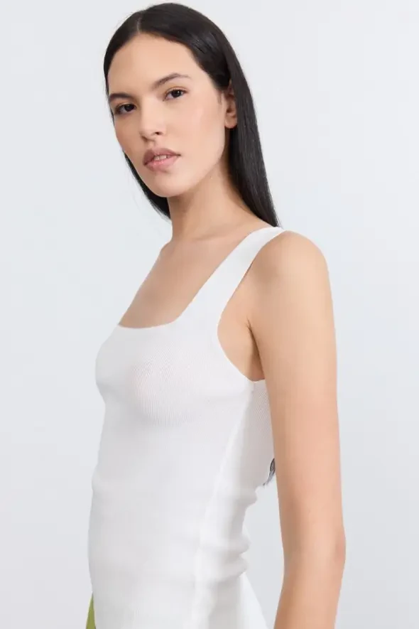 Square Neck Knit Tank Top - Ecru - 3