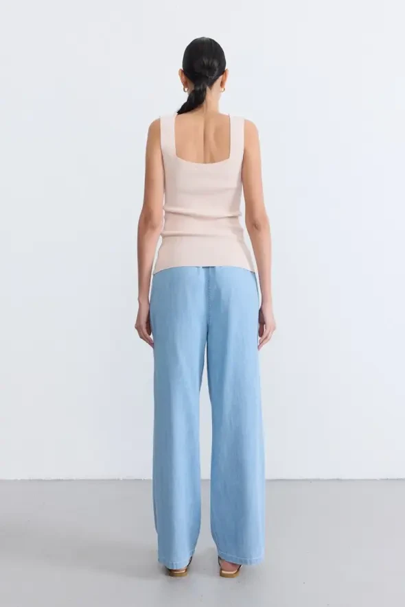 Square Neck Knit Tank Top - Powder Pink - 4