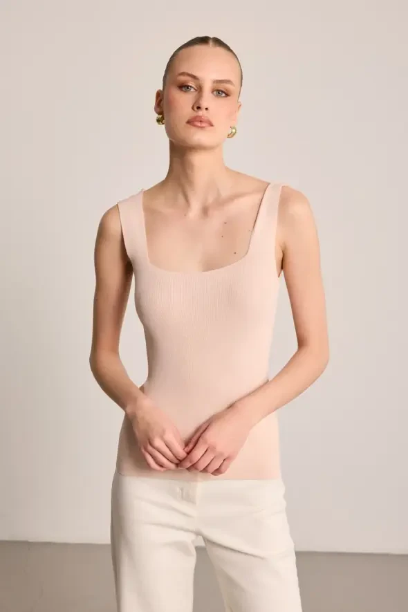 Square Neck Knit Tank Top - Powder Pink - 1