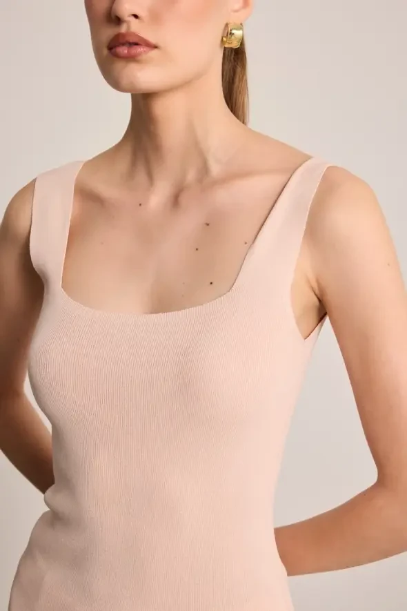 Square Neck Knit Tank Top - Powder Pink - 2