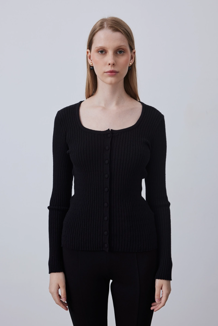 Square Neck Knitwear Cardigan - Black Black