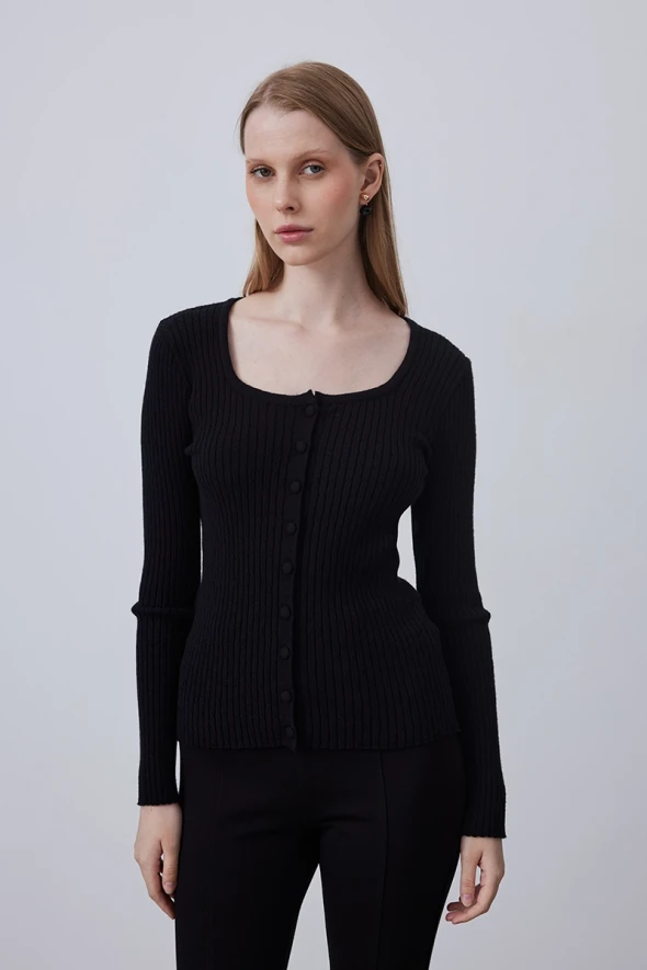 Square Neck Knitwear Cardigan - Black - 3